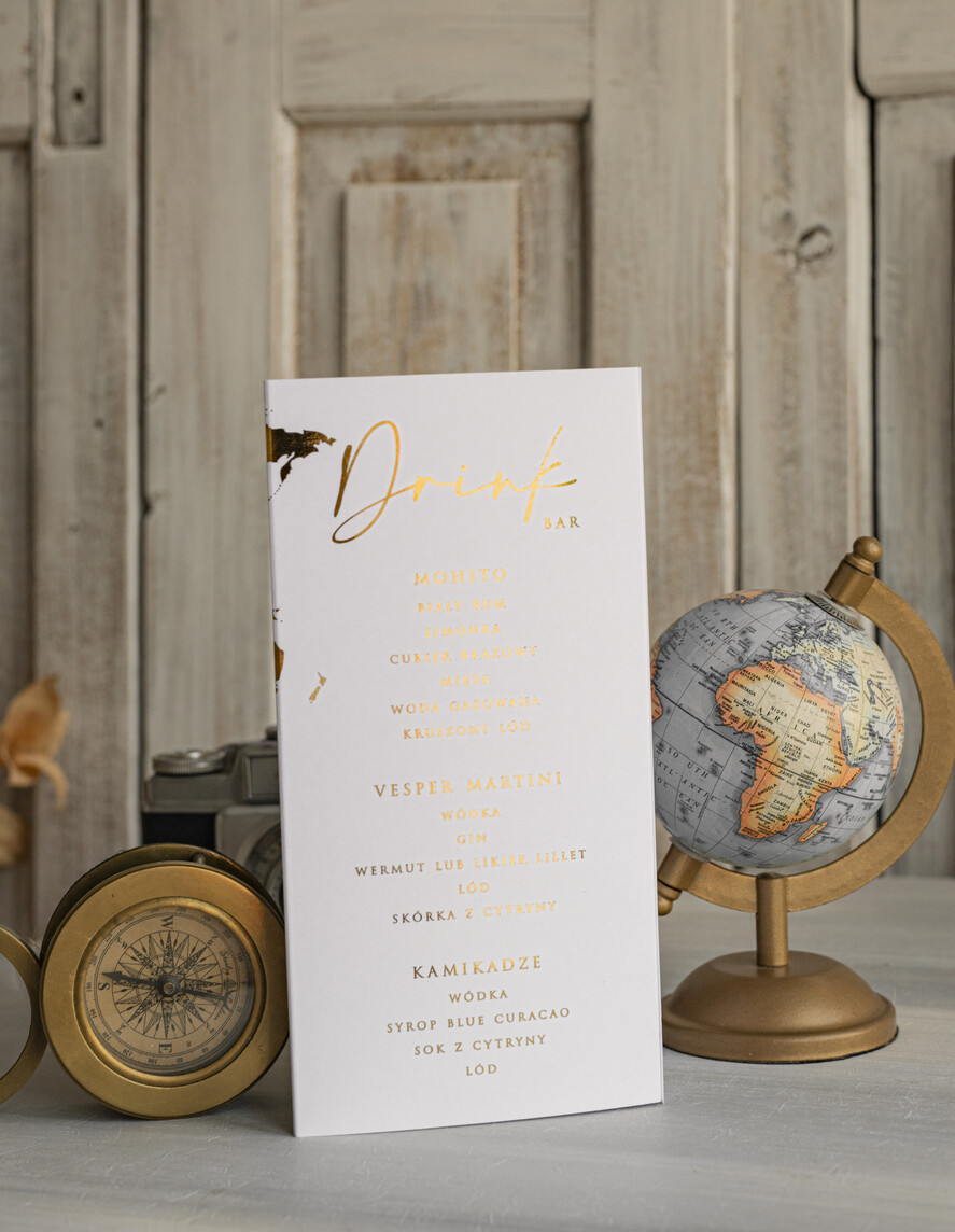 Menu botaniczne podróżnicze  menu ślubne z planem posiłków, numer stołu i menu w jednym, karta drinków na weselu, menu weselne z mapą świata, ozdoba na stoły weselne 4