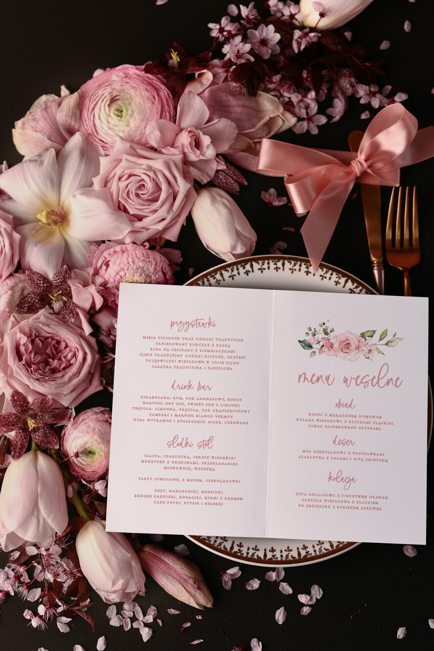 Menu botaniczne podróżnicze  ślubne menu z planem podawania dań wesenych, vintage wasz tekst1