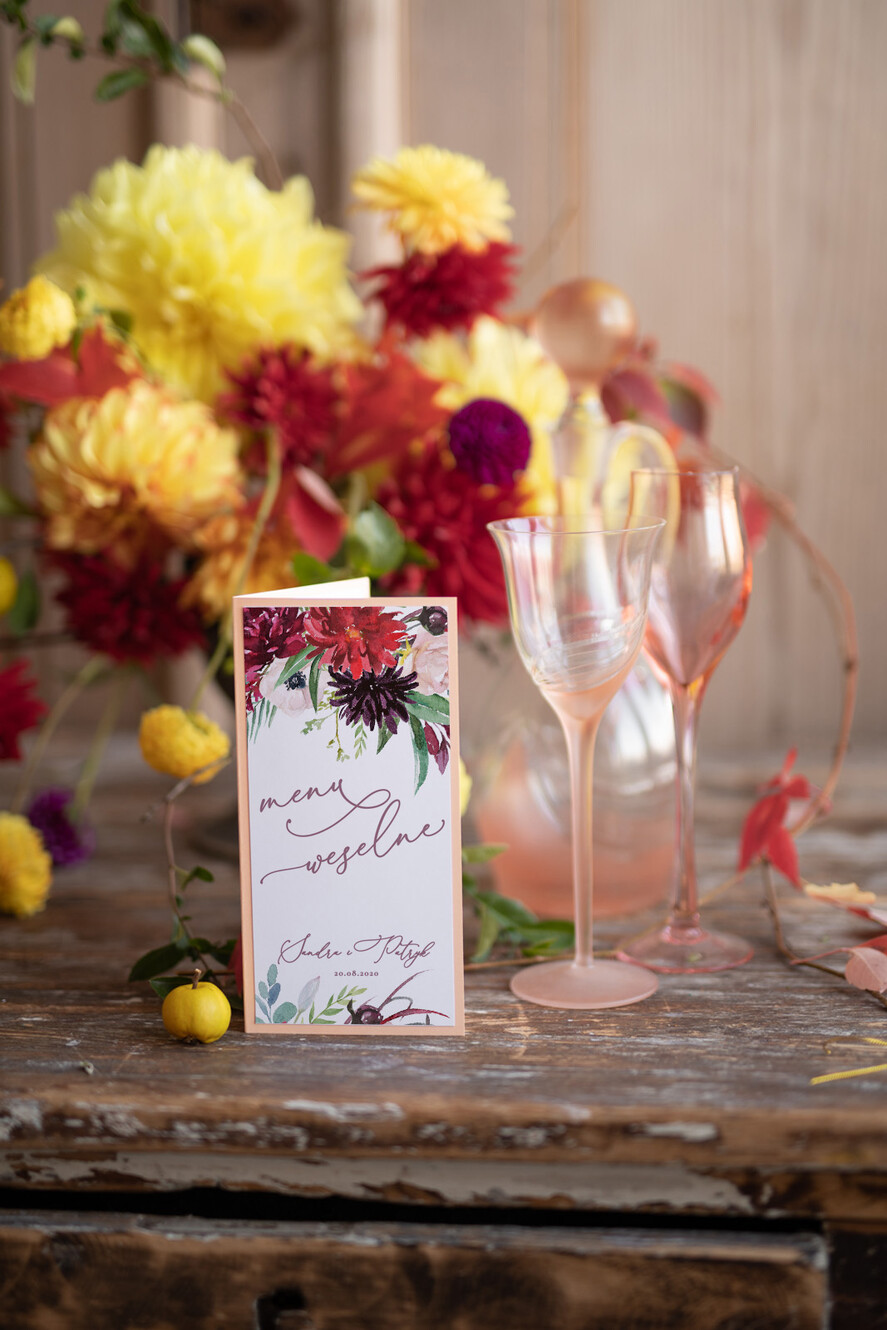 Menu botaniczne podróżnicze  menu weselne na stół karta dań weselnych, vintage wasz tekst0