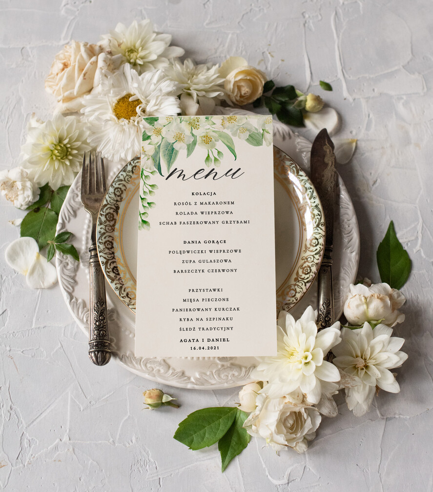 Menu botaniczne podróżnicze  karta dań weselnych menu weselne plan podawania posiłków, eleganckie na klasyczne wesele4