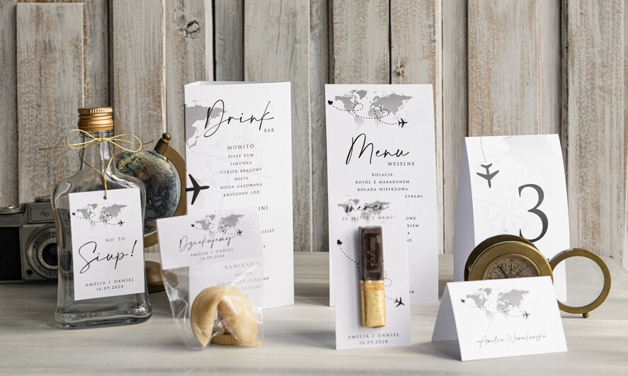 Menu botaniczne podróżnicze  menu ślubne z planem posiłków, numer stołu i menu w jednym, karta drinków na weselu, menu weselne z mapą świata, ozdoba na stoły weselne 5