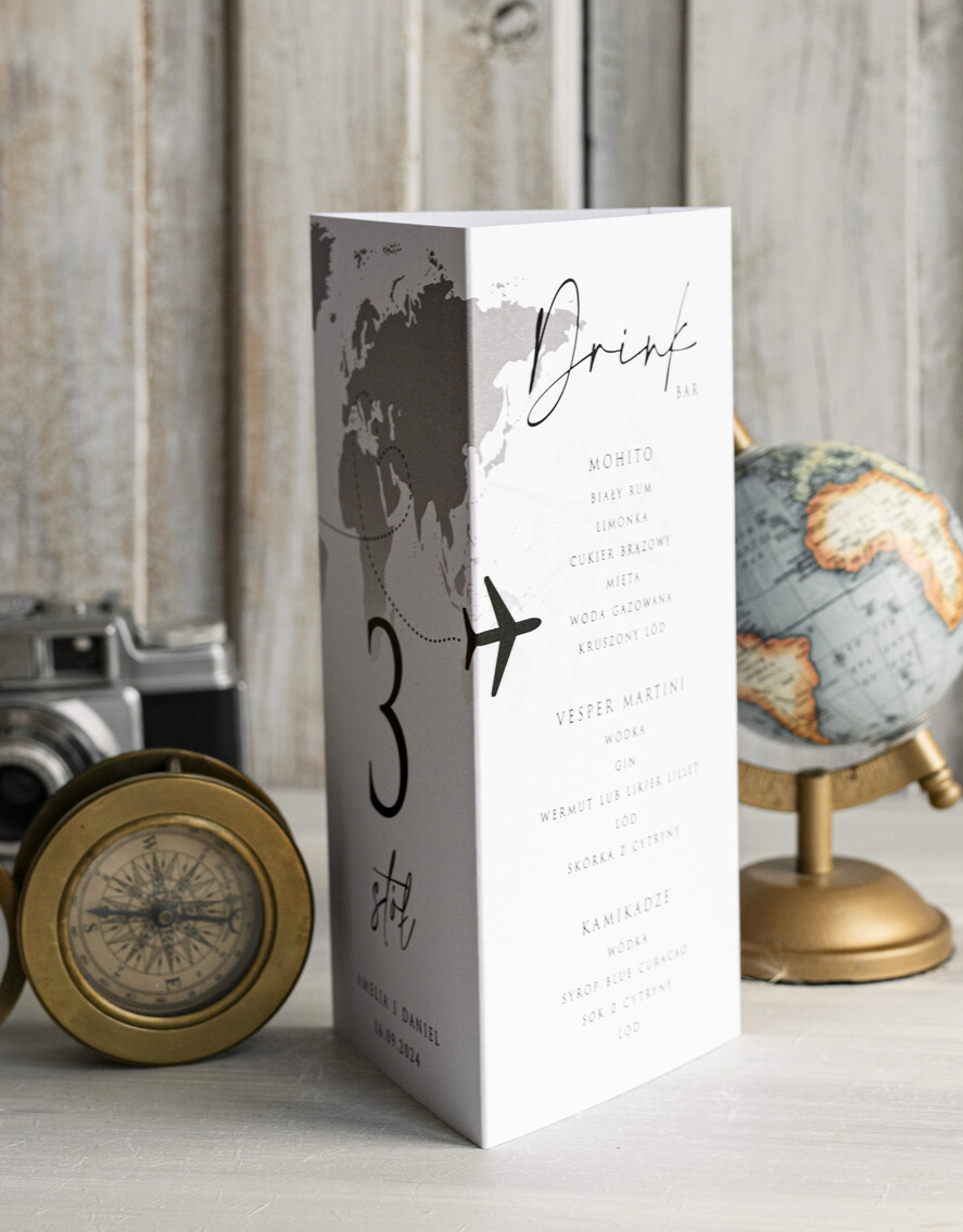 Menu botaniczne podróżnicze  menu ślubne z planem posiłków, numer stołu i menu w jednym, karta drinków na weselu, menu weselne z mapą świata, ozdoba na stoły weselne 1