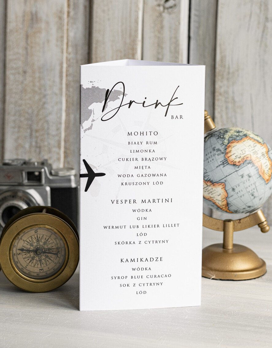 Menu botaniczne podróżnicze  menu ślubne z planem posiłków, numer stołu i menu w jednym, karta drinków na weselu, menu weselne z mapą świata, ozdoba na stoły weselne 0