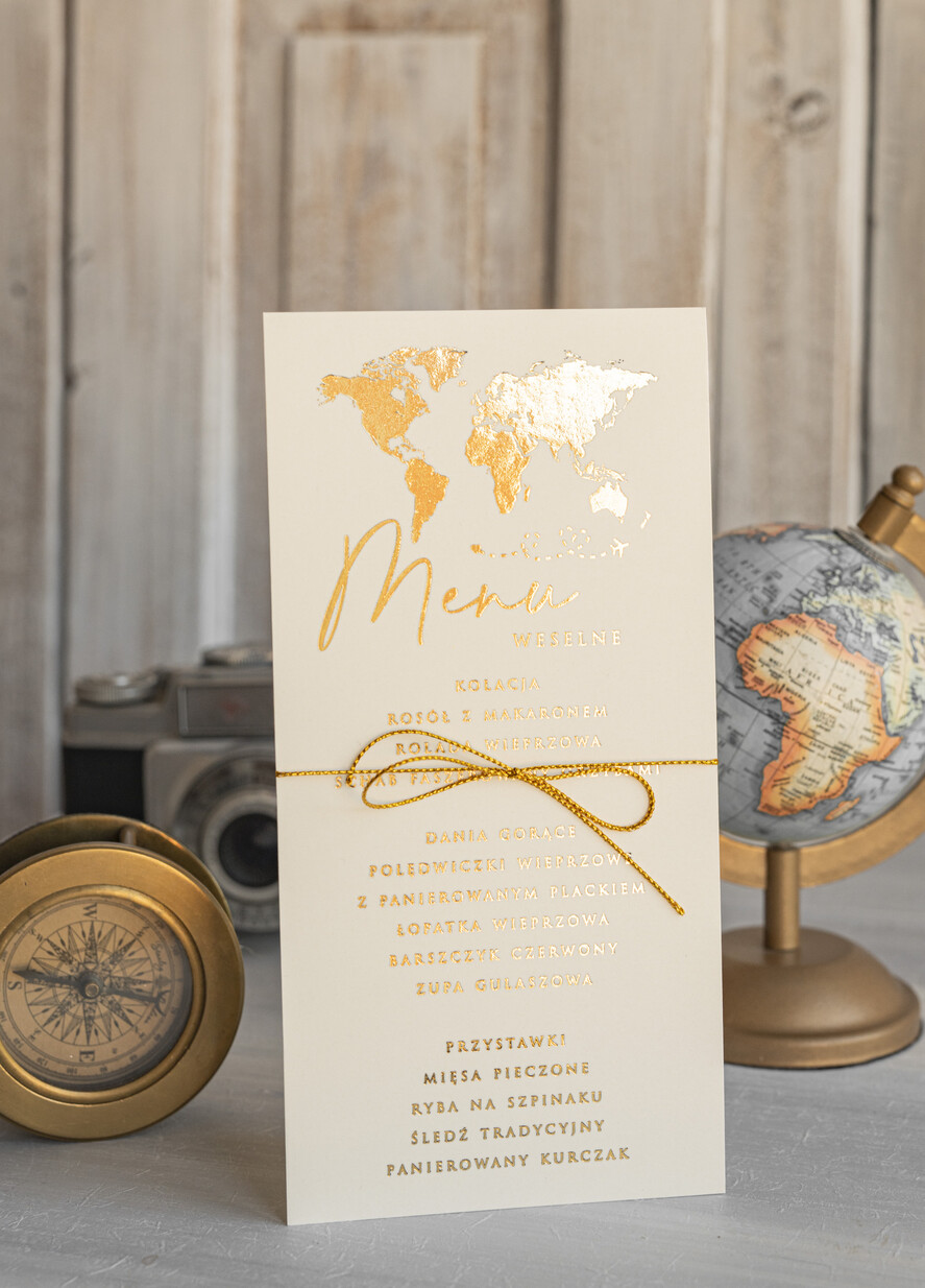Menu botaniczne podróżnicze  menu weselne z mapą świata lub dowolnego kraju, podróżnicza karta dań na weselu, ślubne menu z planem podawania dań weselnych7