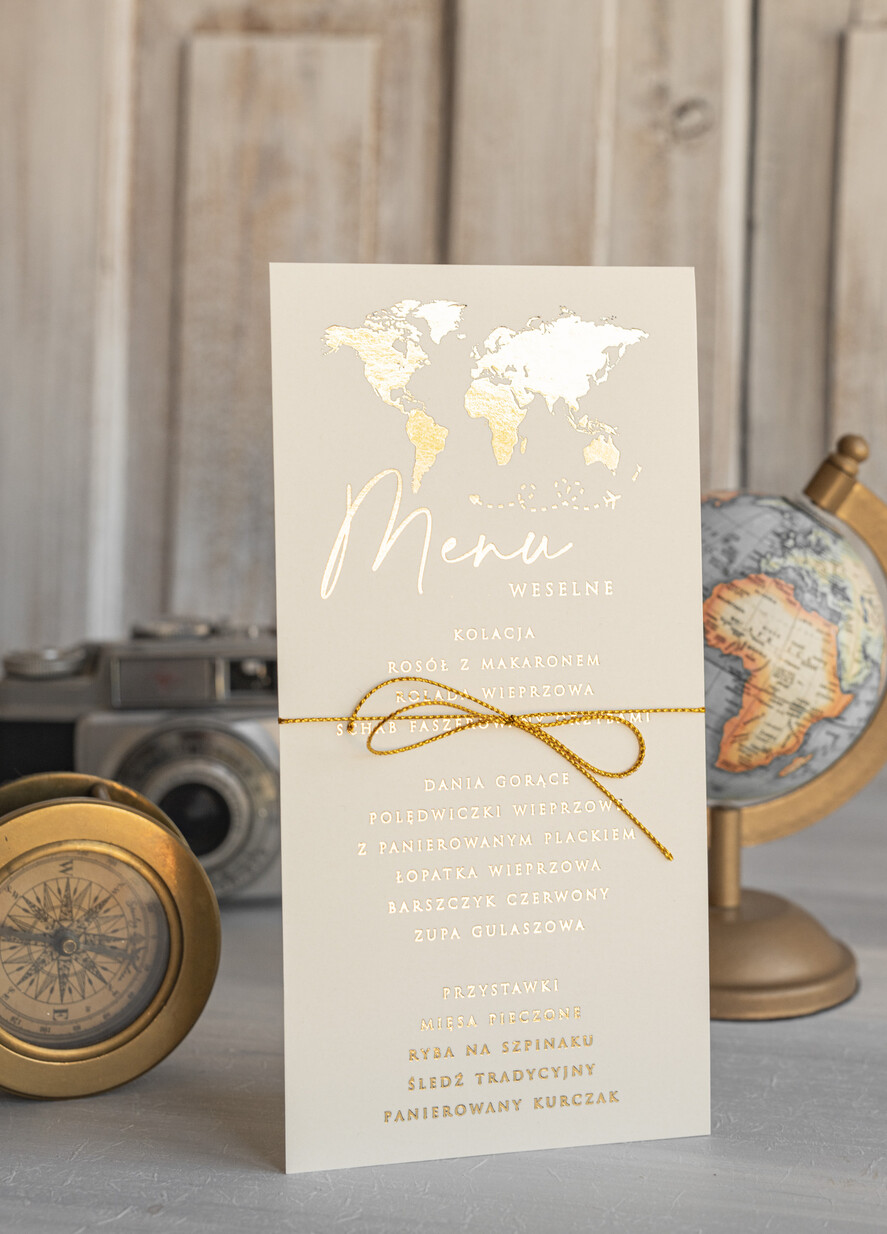 Menu botaniczne podróżnicze  menu weselne z mapą świata lub dowolnego kraju, podróżnicza karta dań na weselu, ślubne menu z planem podawania dań weselnych3