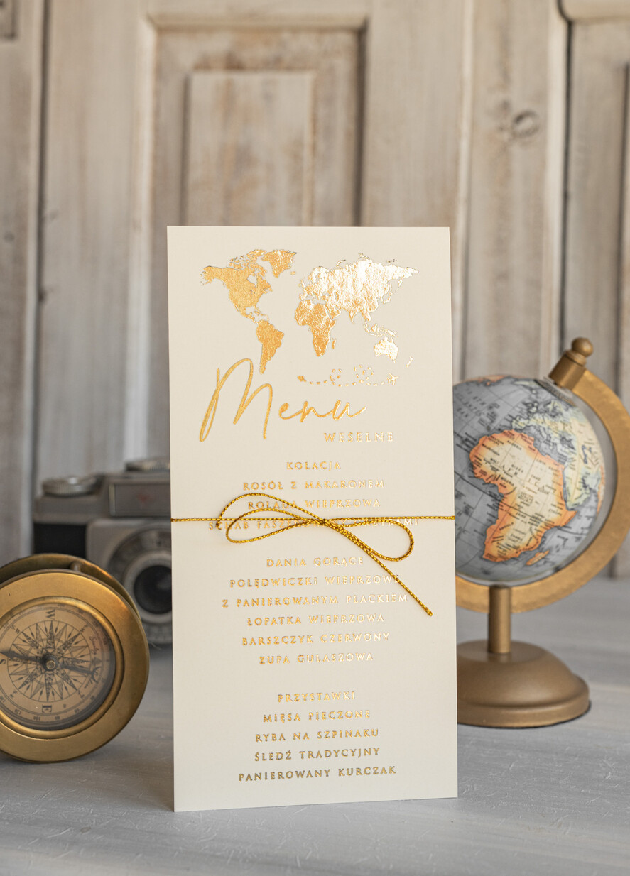 Menu botaniczne podróżnicze  menu weselne z mapą świata lub dowolnego kraju, podróżnicza karta dań na weselu, ślubne menu z planem podawania dań weselnych1