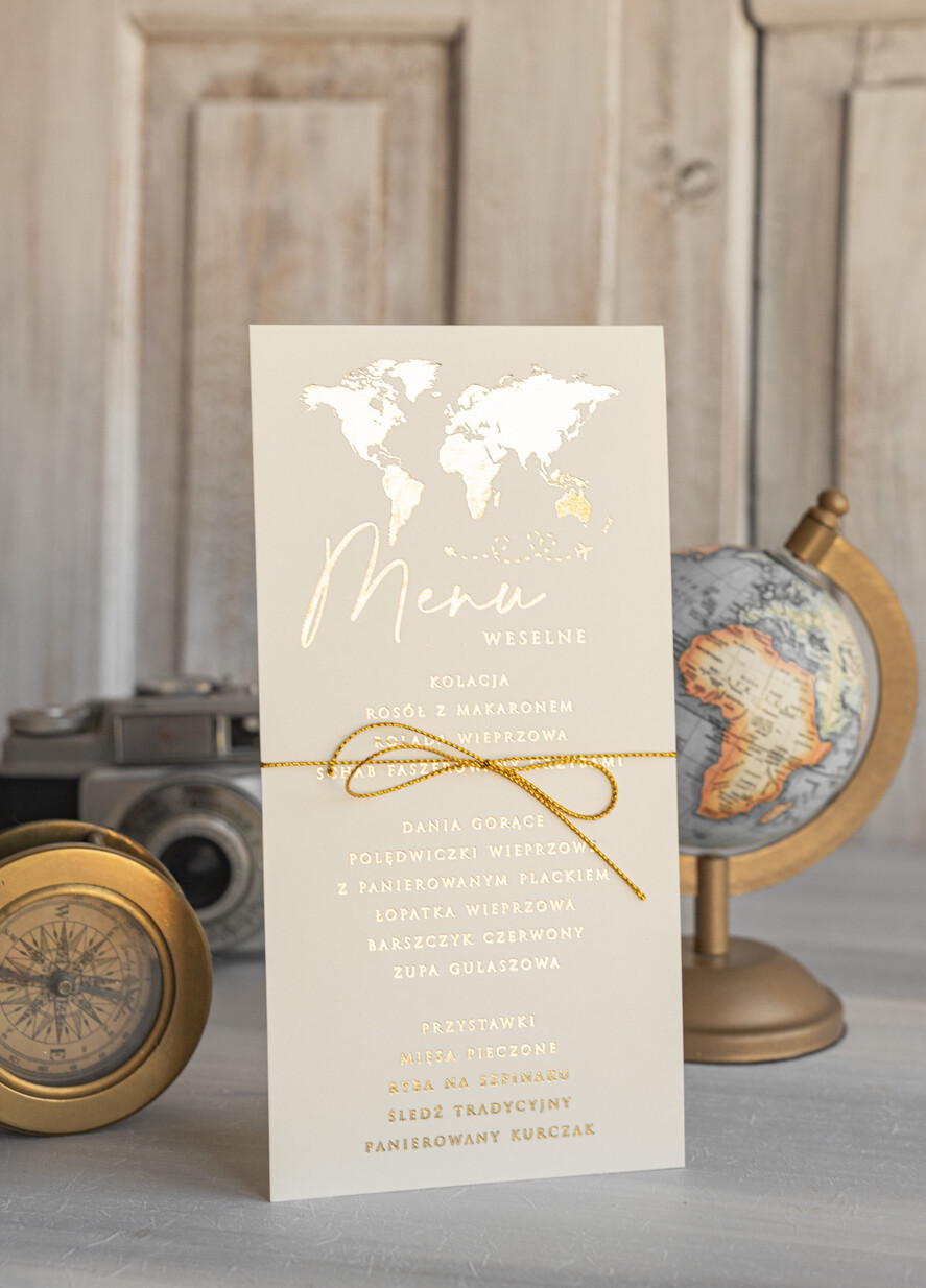Menu botaniczne podróżnicze  menu weselne z mapą świata lub dowolnego kraju, podróżnicza karta dań na weselu, ślubne menu z planem podawania dań weselnych8