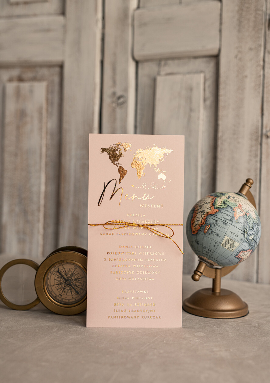Menu botaniczne podróżnicze  menu weselne z mapą świata lub dowolnego kraju, podróżnicza karta dań na weselu, ślubne menu z planem podawania dań weselnych0