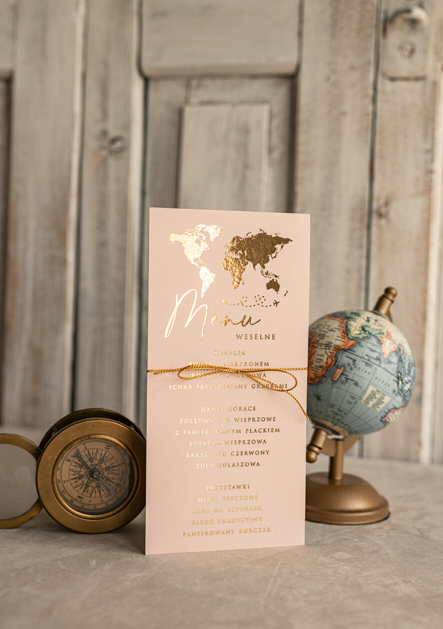 Menu botaniczne podróżnicze  menu weselne z mapą świata lub dowolnego kraju, podróżnicza karta dań na weselu, ślubne menu z planem podawania dań weselnych2