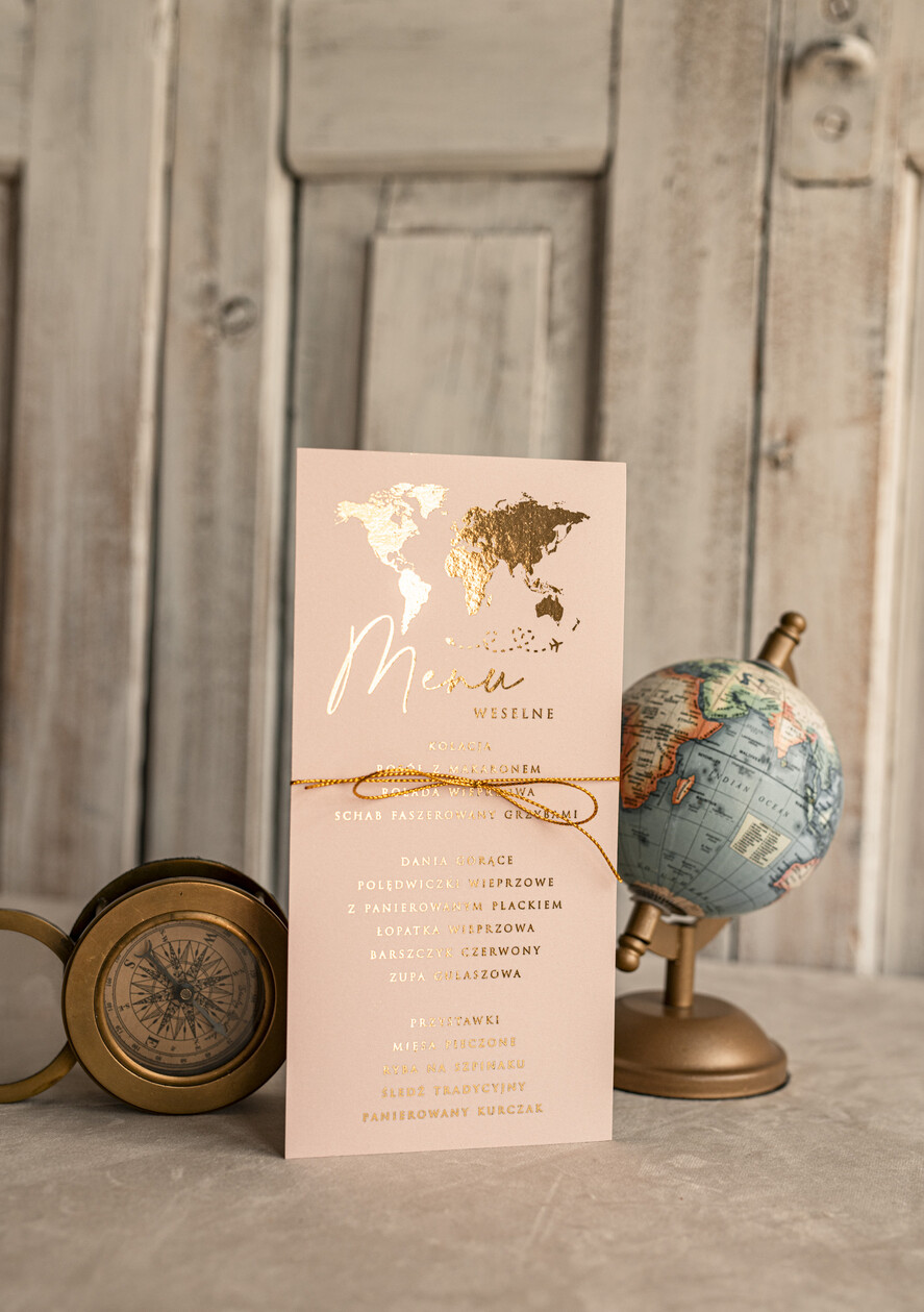 Menu botaniczne podróżnicze  menu weselne z mapą świata lub dowolnego kraju, podróżnicza karta dań na weselu, ślubne menu z planem podawania dań weselnych4