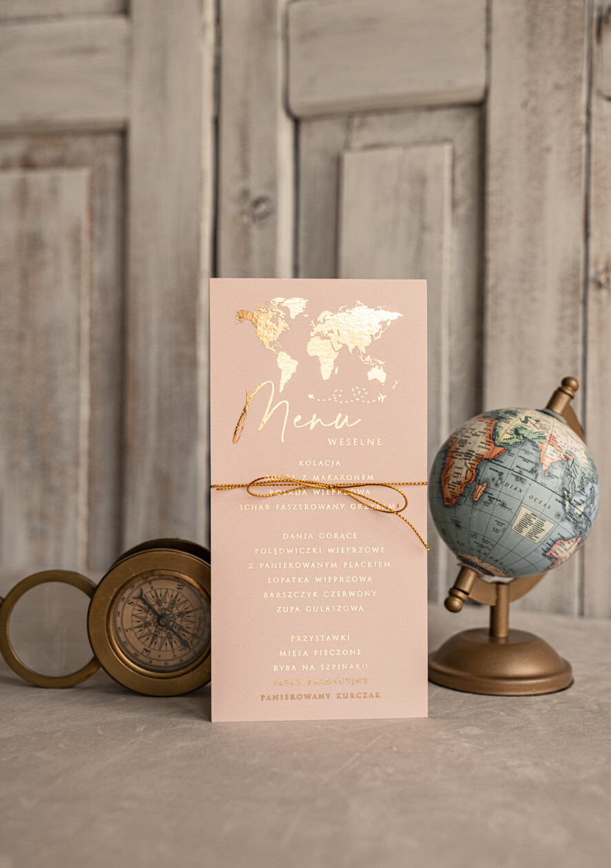 Menu botaniczne podróżnicze  menu weselne z mapą świata lub dowolnego kraju, podróżnicza karta dań na weselu, ślubne menu z planem podawania dań weselnych5
