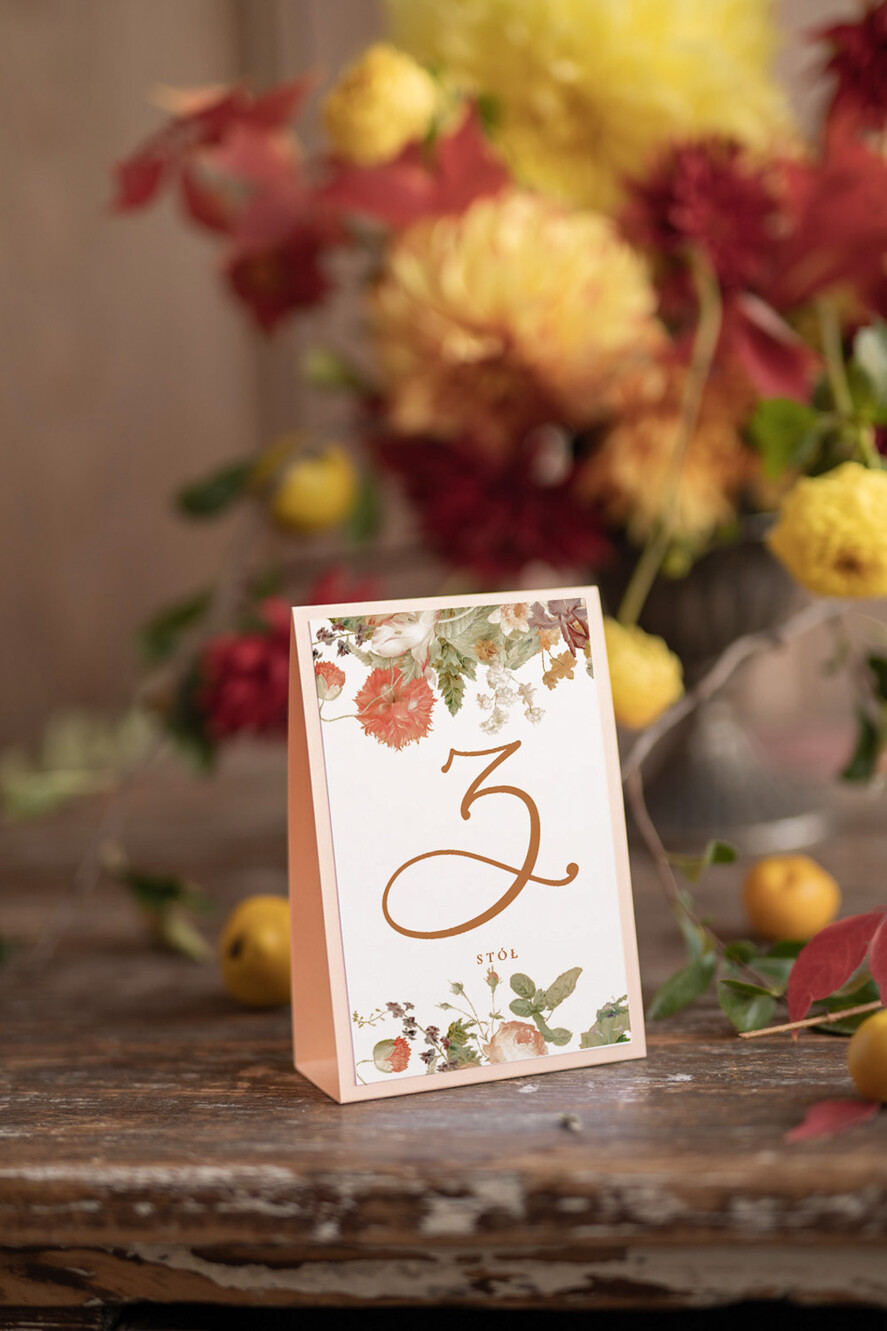 Numery na stół botaniczne podróżnicze  numerek na stół weselny, kwiaty boho piekne kolory0