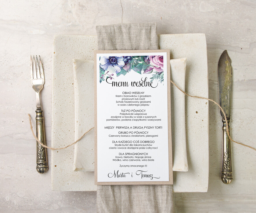 Menu akwarele ślubne menu z planem podawania dań wesenych, akwarelki dowolna tresc1