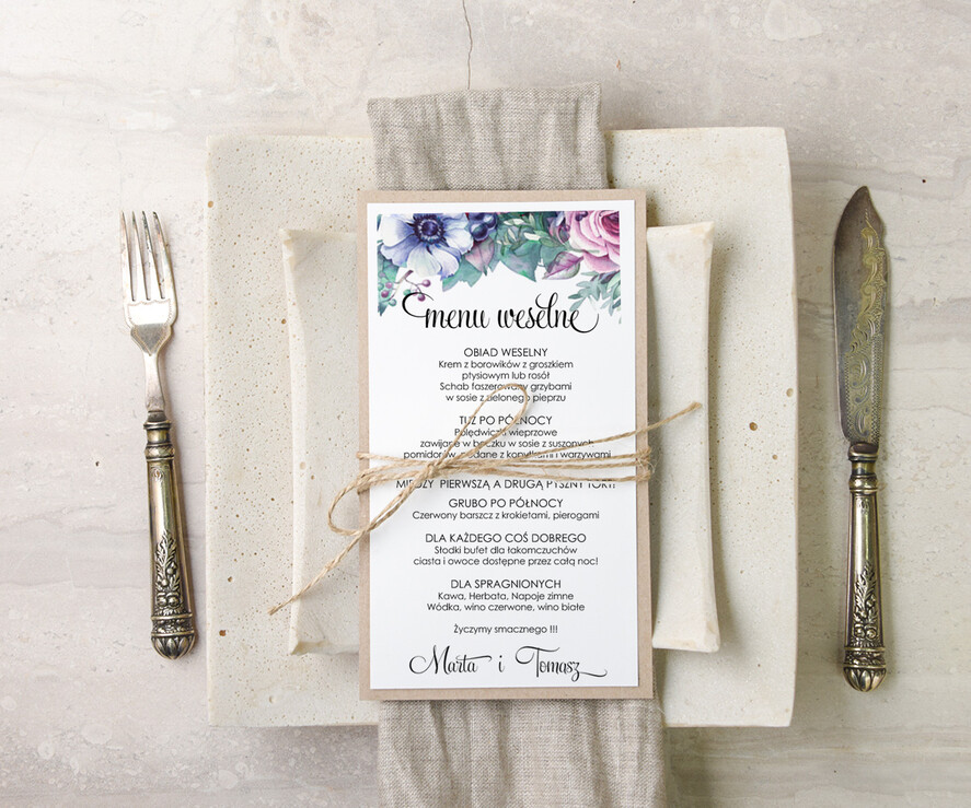 Menu akwarele ślubne menu z planem podawania dań wesenych, akwarelki dowolna tresc0