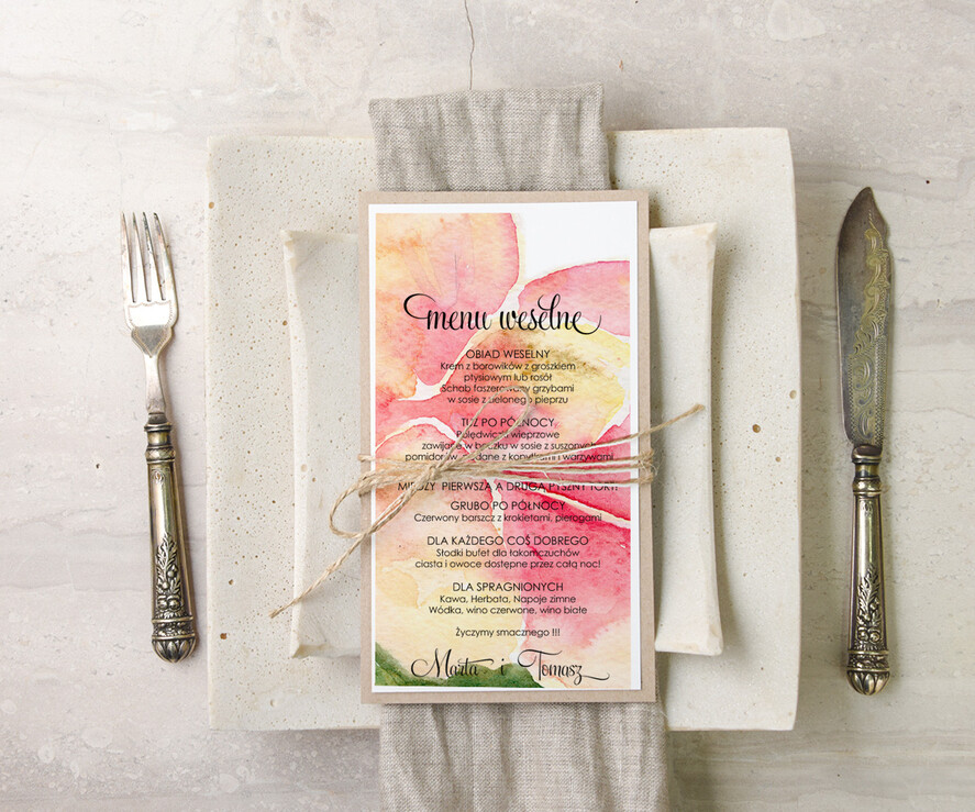 Menu akwarele menu weselne na stoły plan podawania posiłków, dowolna tresc akwarele0