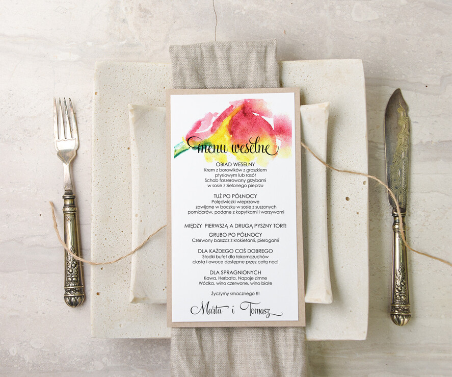 Menu akwarele menu weselne na stoły karta dań weselnych, akwarelki dowolna tresc1
