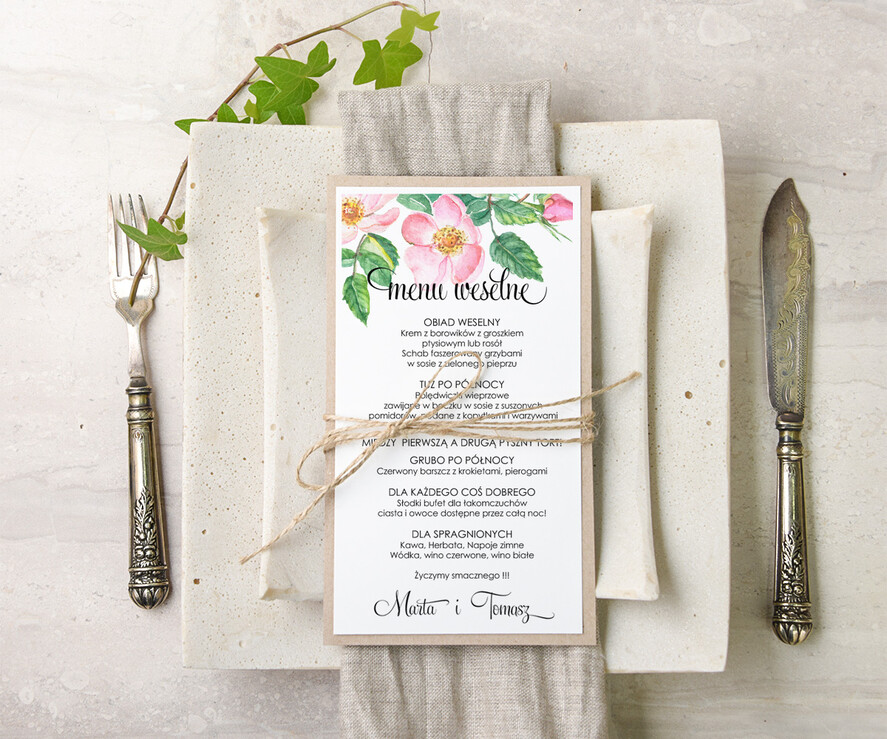 Menu akwarele menu weselne plan podawania posiłków na weselu, malowane akwarele wasza tresc1