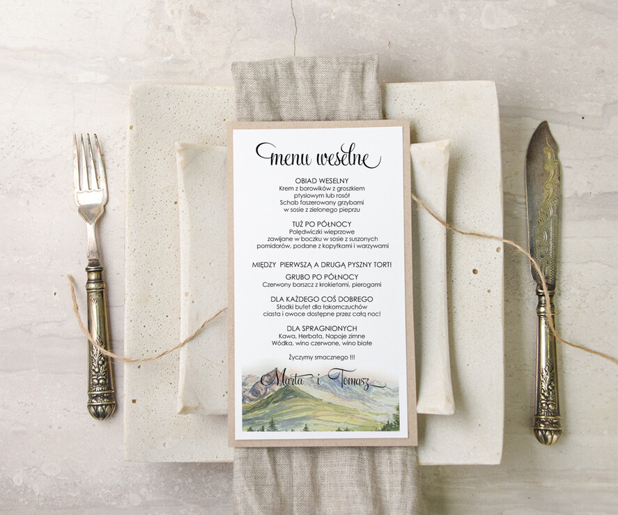 Menu akwarele ślubne menu z planem podawania dań wesenych, malowane akwarele wasza tresc0