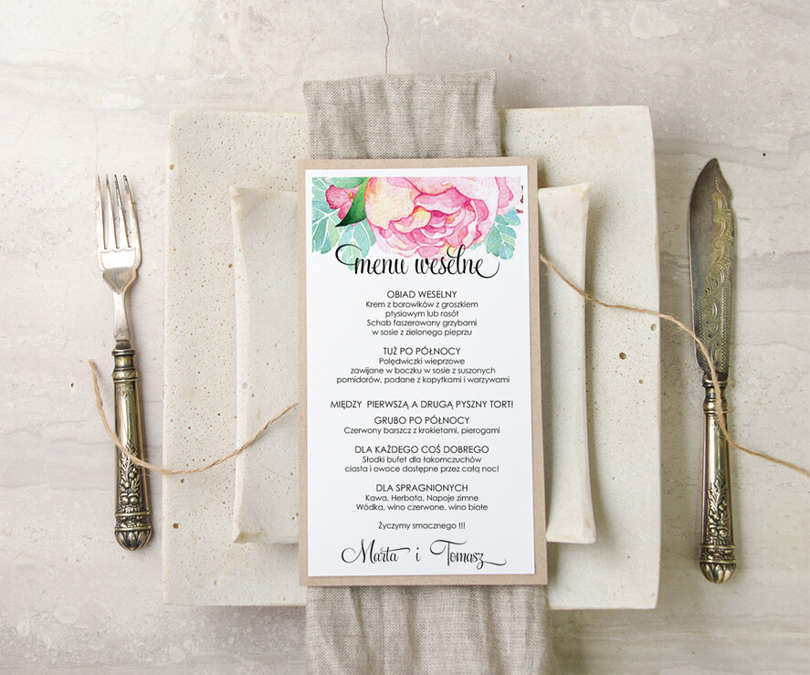 Menu akwarele menu ślubne z planem posiłków, malowane akwarele wasza tresc2