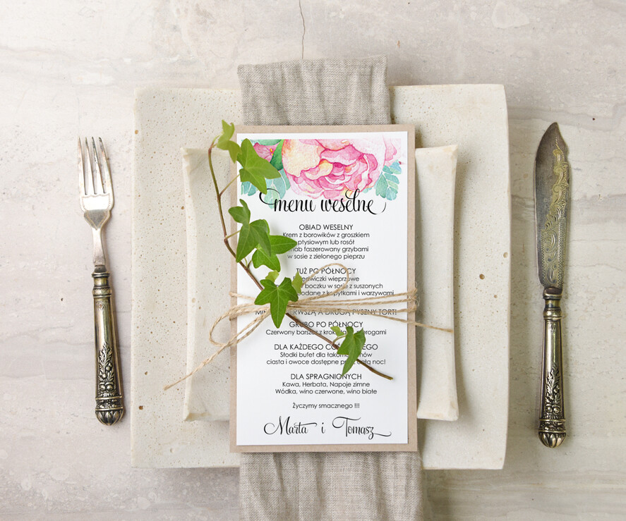 Menu akwarele menu ślubne z planem posiłków, malowane akwarele wasza tresc0