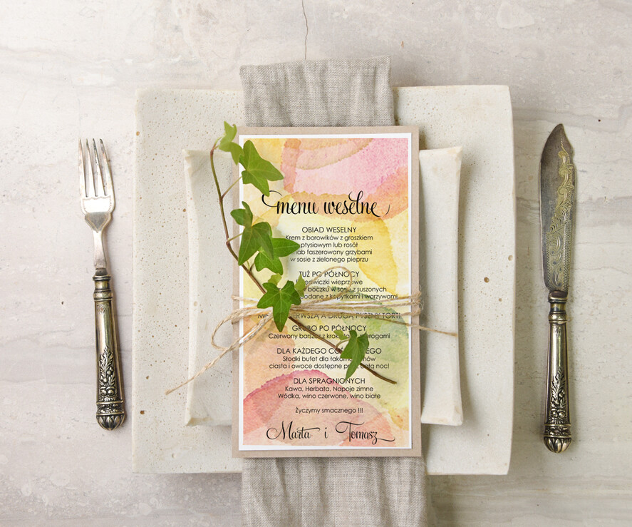 Menu akwarele menu weselne plan podawania posiłków na weselu, z dowolną treścia inspirowane malarstwem1
