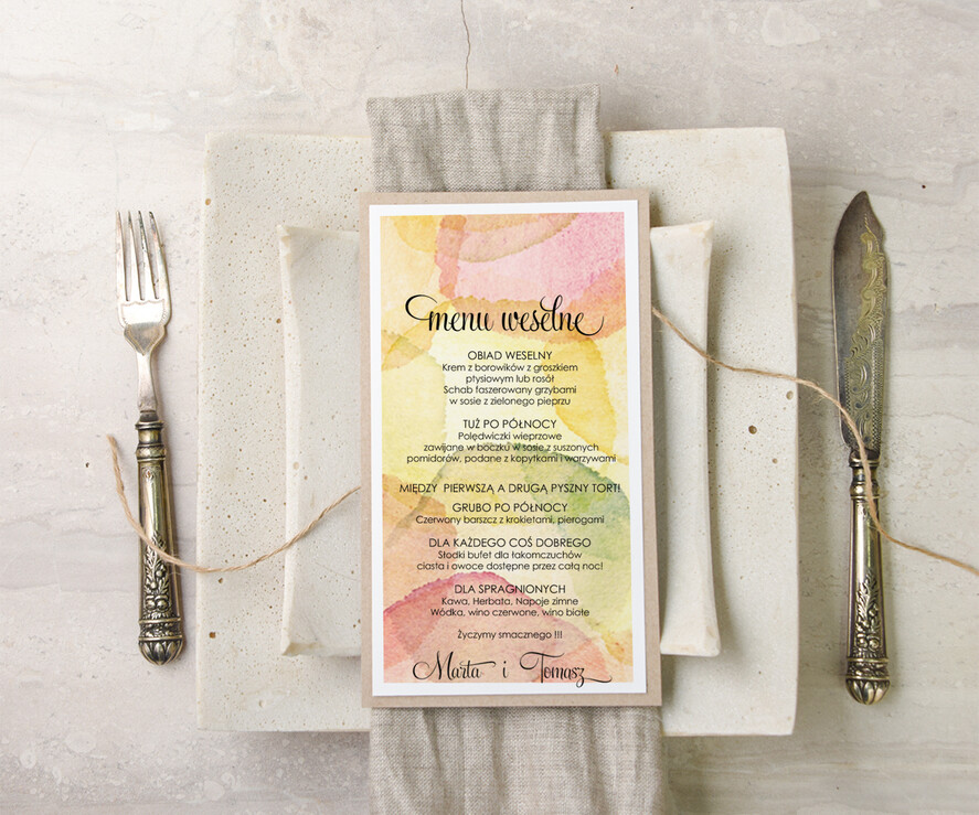 Menu akwarele menu weselne plan podawania posiłków na weselu, z dowolną treścia inspirowane malarstwem2