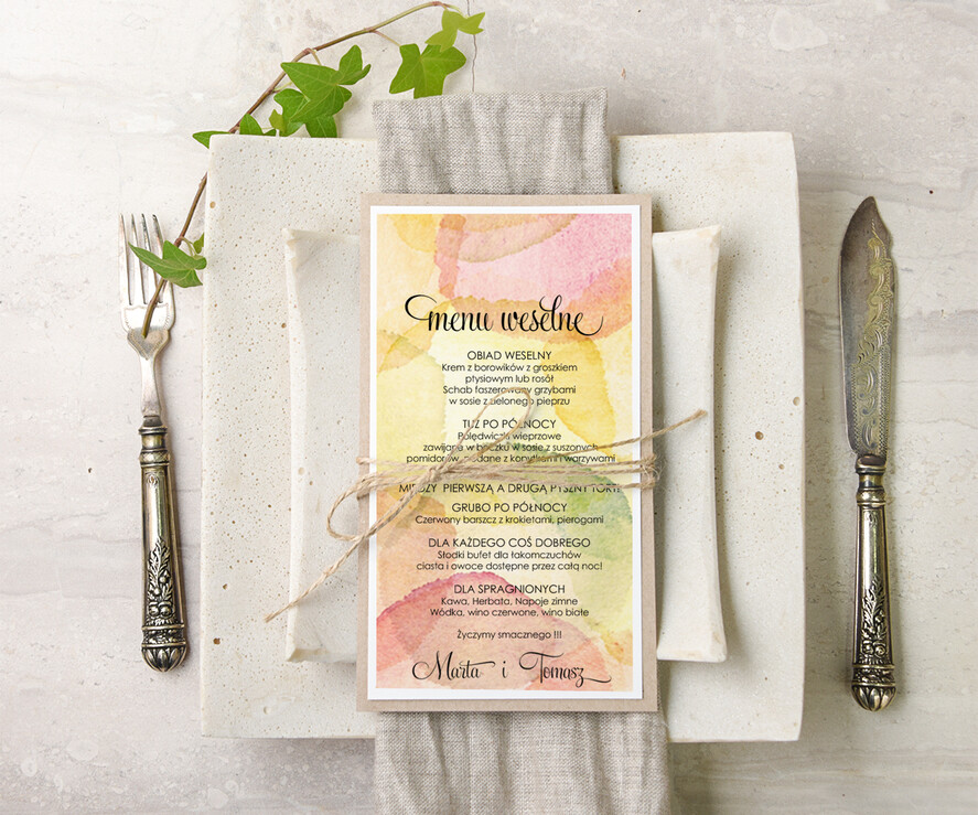 Menu akwarele menu weselne plan podawania posiłków na weselu, z dowolną treścia inspirowane malarstwem0