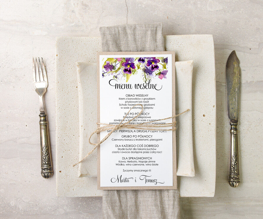 Menu akwarele menu weselne plan podawania posiłków na weselu, z dowolną treścia inspirowane malarstwem0