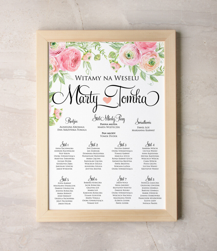 Plany stołów Plakaty Akwarele tablica z rozmieszczeniem gości plan stołów weselnych, wiele rozmiarów do wyboru romantyczne akwarelki0