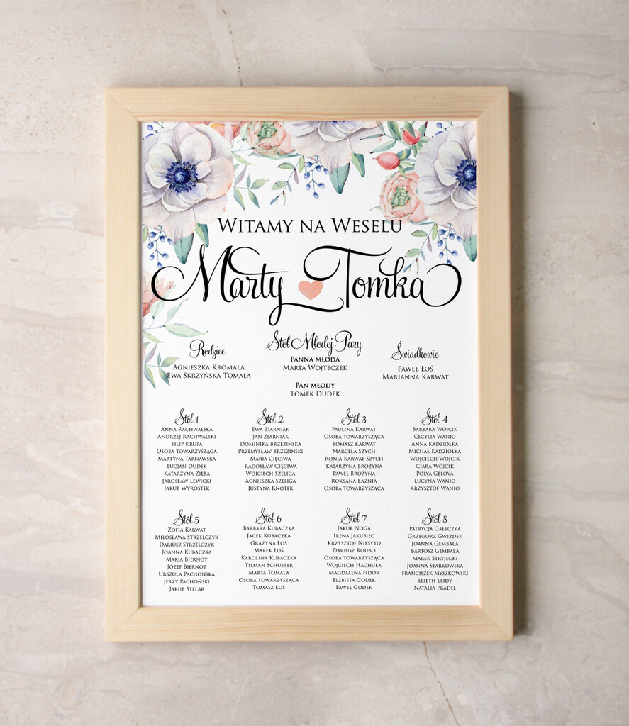 Plany stołów Plakaty botaniczne podróżnicze plan stołów  weselnych usadzenie gości na weselu, rozmiary do wyboru0