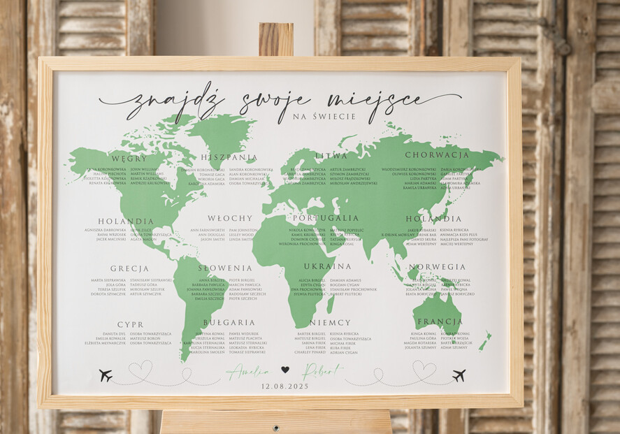 Plany stołów Plakaty botaniczne podróżnicze Zielona Tablica powitalna slubna z mapą świata, powitalna plansza na wesele podróżników, rama powitanie na weselu plan usadzenia gości przy stołach 0