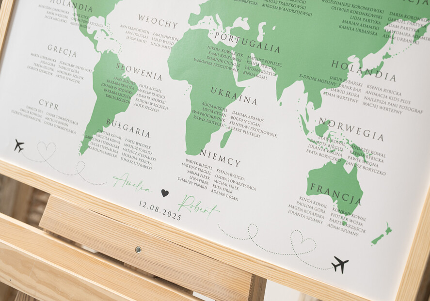 Plany stołów Plakaty botaniczne podróżnicze Zielona Tablica powitalna slubna z mapą świata, powitalna plansza na wesele podróżników, rama powitanie na weselu plan usadzenia gości przy stołach 1