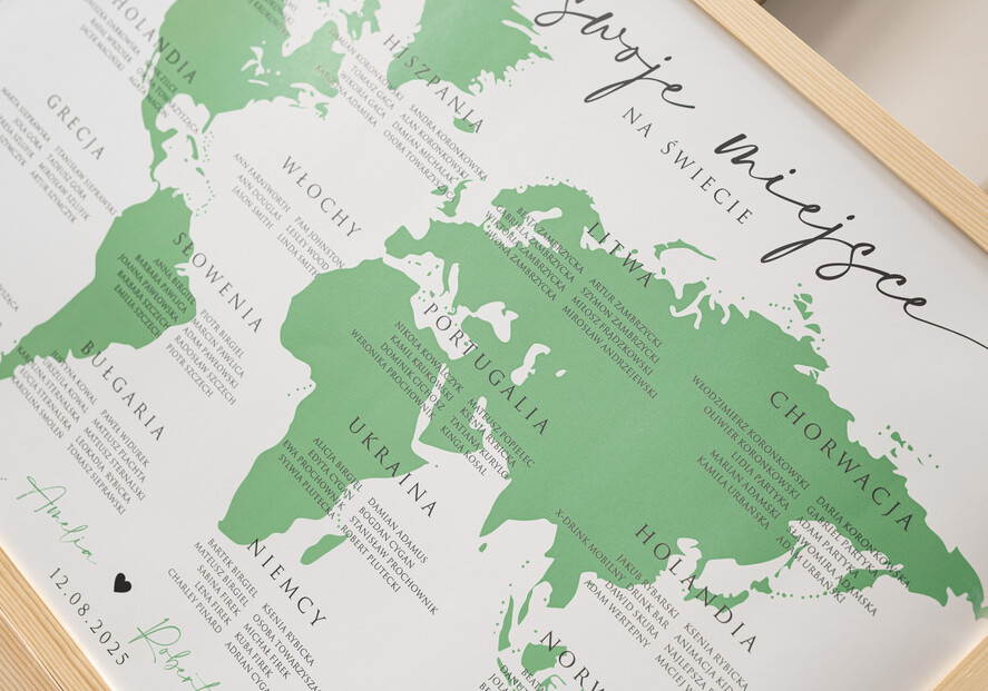 Plany stołów Plakaty botaniczne podróżnicze Zielona Tablica powitalna slubna z mapą świata, powitalna plansza na wesele podróżników, rama powitanie na weselu plan usadzenia gości przy stołach 2