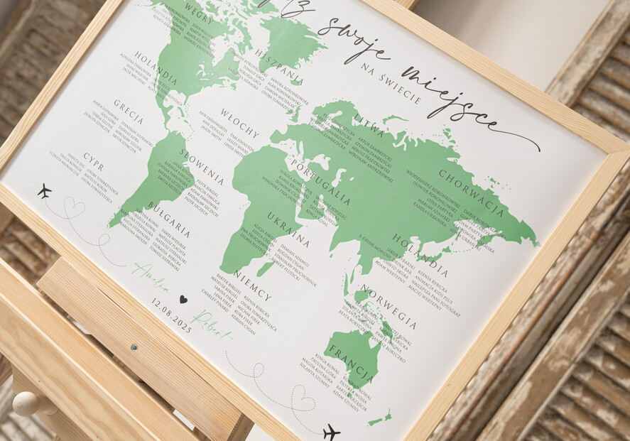 Plany stołów Plakaty botaniczne podróżnicze Zielona Tablica powitalna slubna z mapą świata, powitalna plansza na wesele podróżników, rama powitanie na weselu plan usadzenia gości przy stołach 3