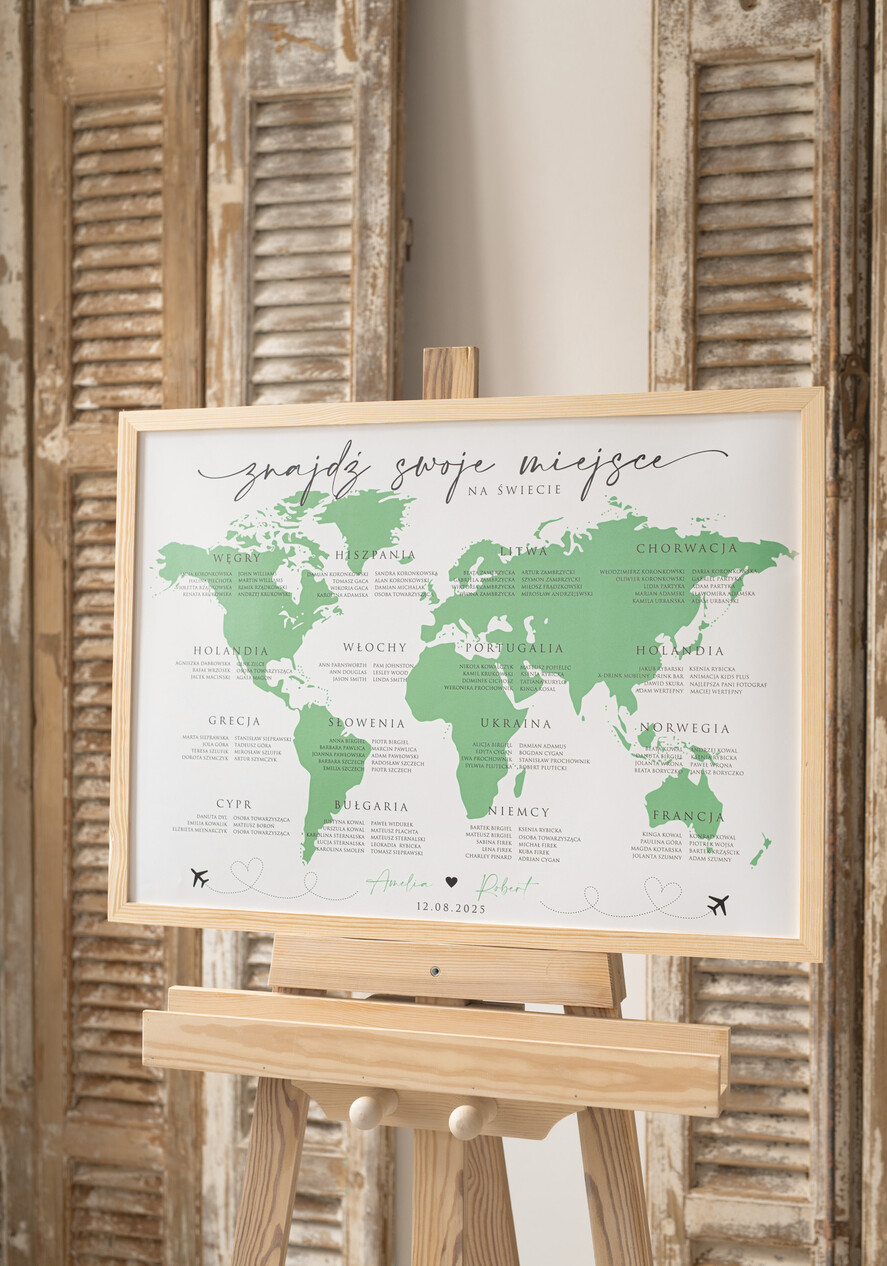 Plany stołów Plakaty botaniczne podróżnicze Zielona Tablica powitalna slubna z mapą świata, powitalna plansza na wesele podróżników, rama powitanie na weselu plan usadzenia gości przy stołach 4