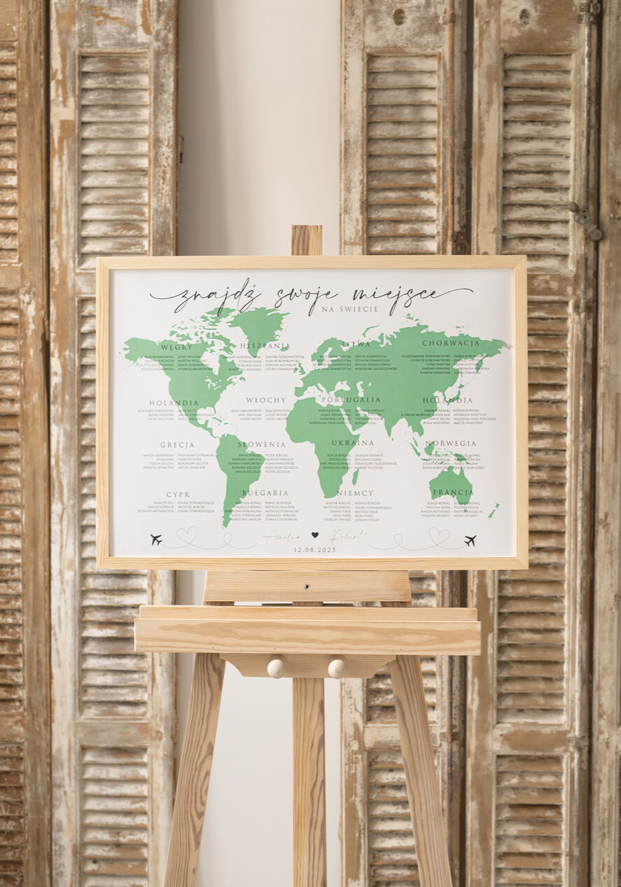Plany stołów Plakaty botaniczne podróżnicze Zielona Tablica powitalna slubna z mapą świata, powitalna plansza na wesele podróżników, rama powitanie na weselu plan usadzenia gości przy stołach 5