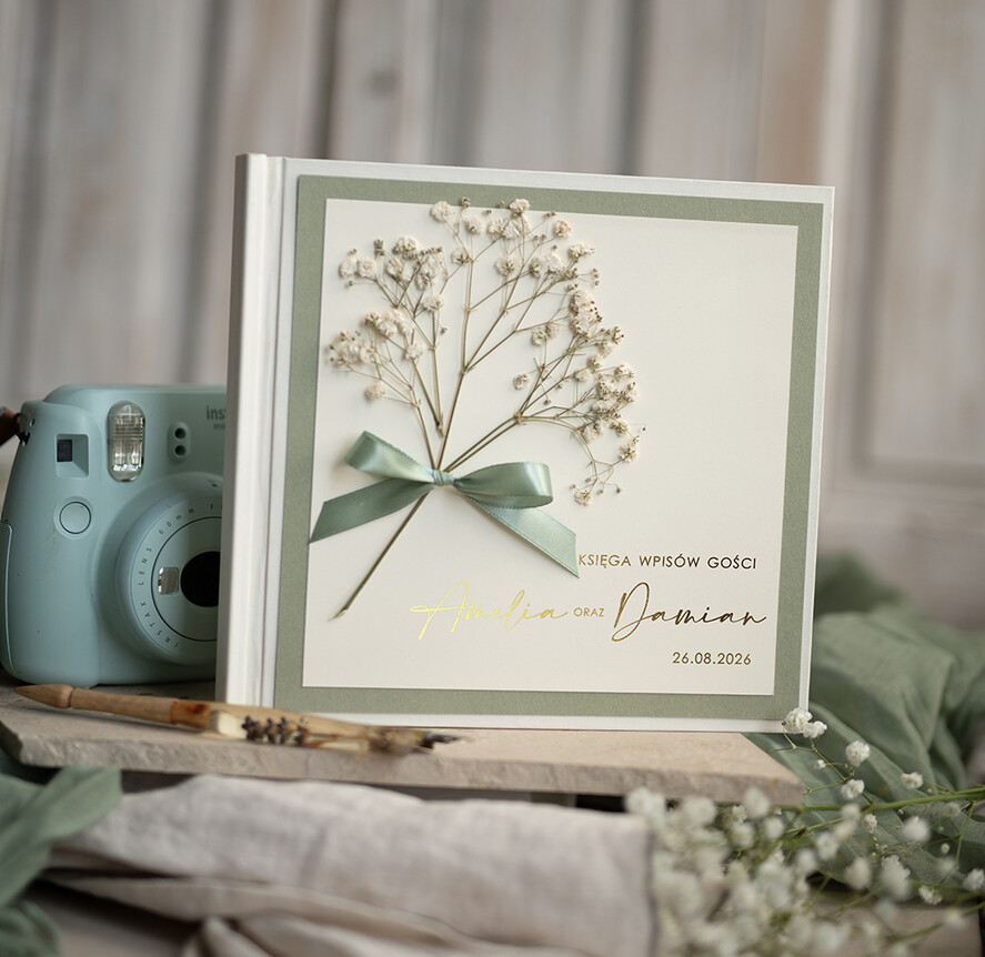 Księgi wpisów gości botaniczne księga wpisów gości, pamiątkowa księga z życzeniami od gości na weselu, księga wpisów gości z suszoną gipsówką, personalizowana księga wpisów gości4