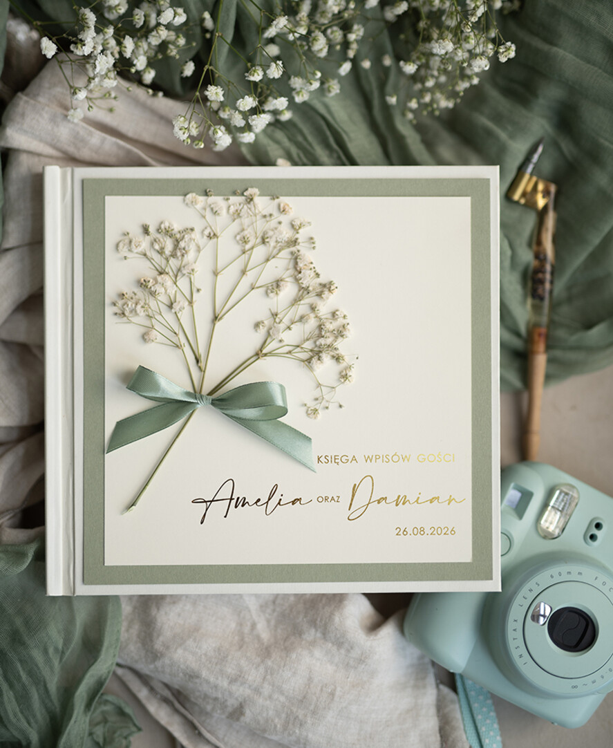 Księgi wpisów gości botaniczne księga wpisów gości, pamiątkowa księga z życzeniami od gości na weselu, księga wpisów gości z suszoną gipsówką, personalizowana księga wpisów gości1