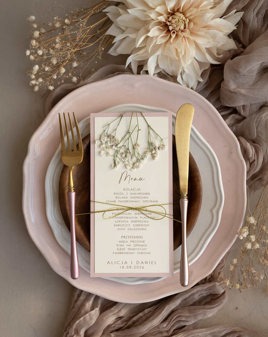 Menu rustykalne eleganckie menu weselne karta dań weselnych, rustykalne delikatne menu na stół weselny 3