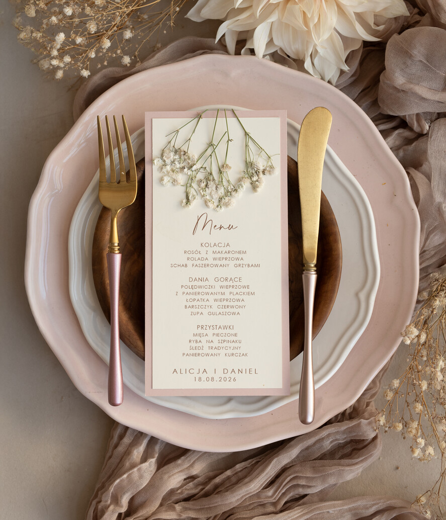 Menu rustykalne eleganckie menu weselne karta dań weselnych, rustykalne delikatne menu na stół weselny 1