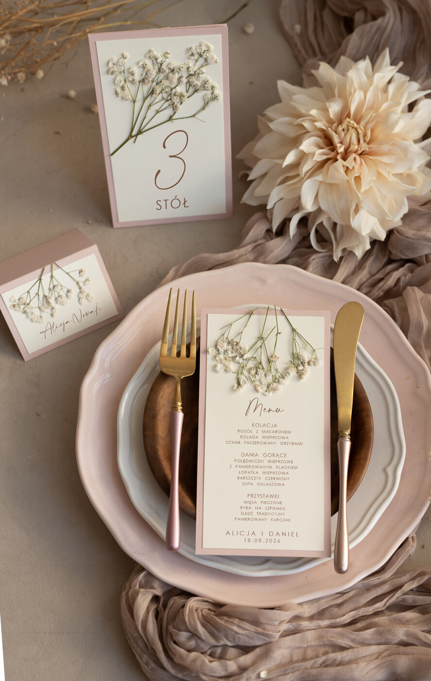 Menu rustykalne eleganckie menu weselne karta dań weselnych, rustykalne delikatne menu na stół weselny 4