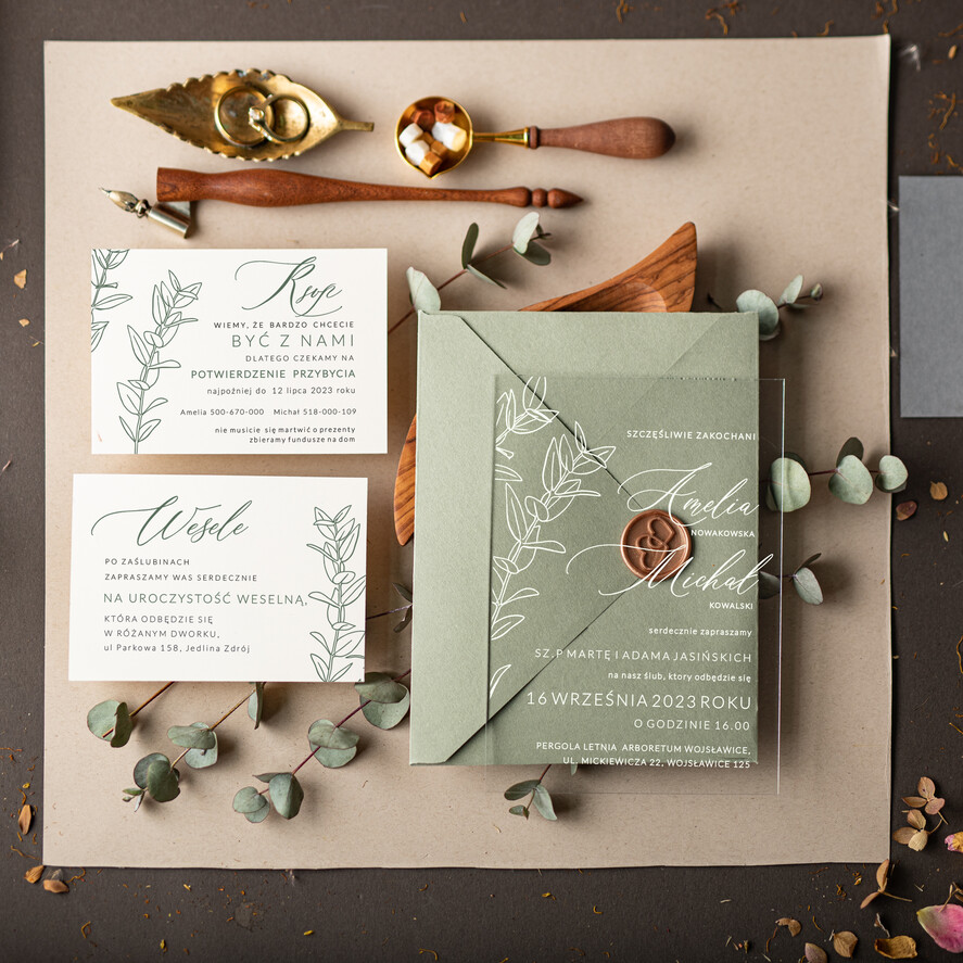 Zaproszenia ślubne Minimalistyczne Proste zaproszenia slubne rustykalne na pleksie, Eukaliptus zaproszenie ślubne z akrylu, zaproszenia ślubne plexi  zaproszenia na ślub z liśćmi 0