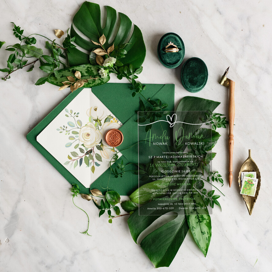 Zaproszenia ślubne Minimalistyczne Proste zaproszenia slubne butekowa zieleń na pleksie ,zaproszenie ślubne z akrylu, zaproszenia na ślub zielone plexi 1
