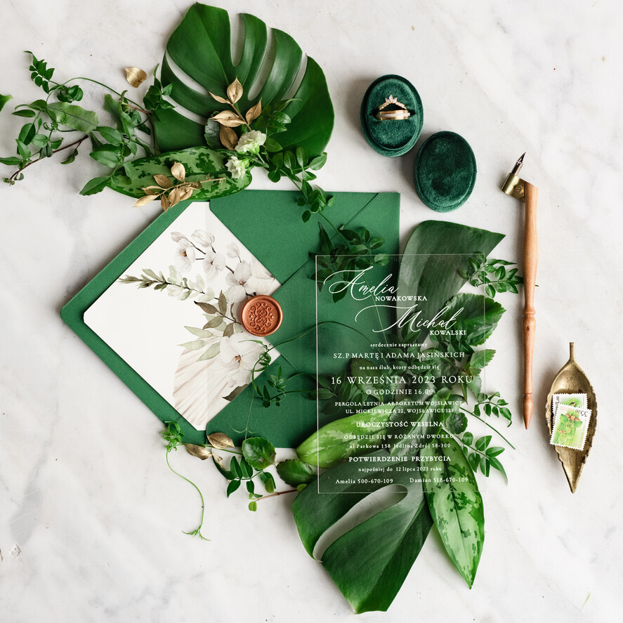Zaproszenia ślubne Minimalistyczne zaproszenie ślubne z akrylu, zaproszenia ślubne zielone plexi , zaproszenia slubne butelkowa zieleń na pleksie 1