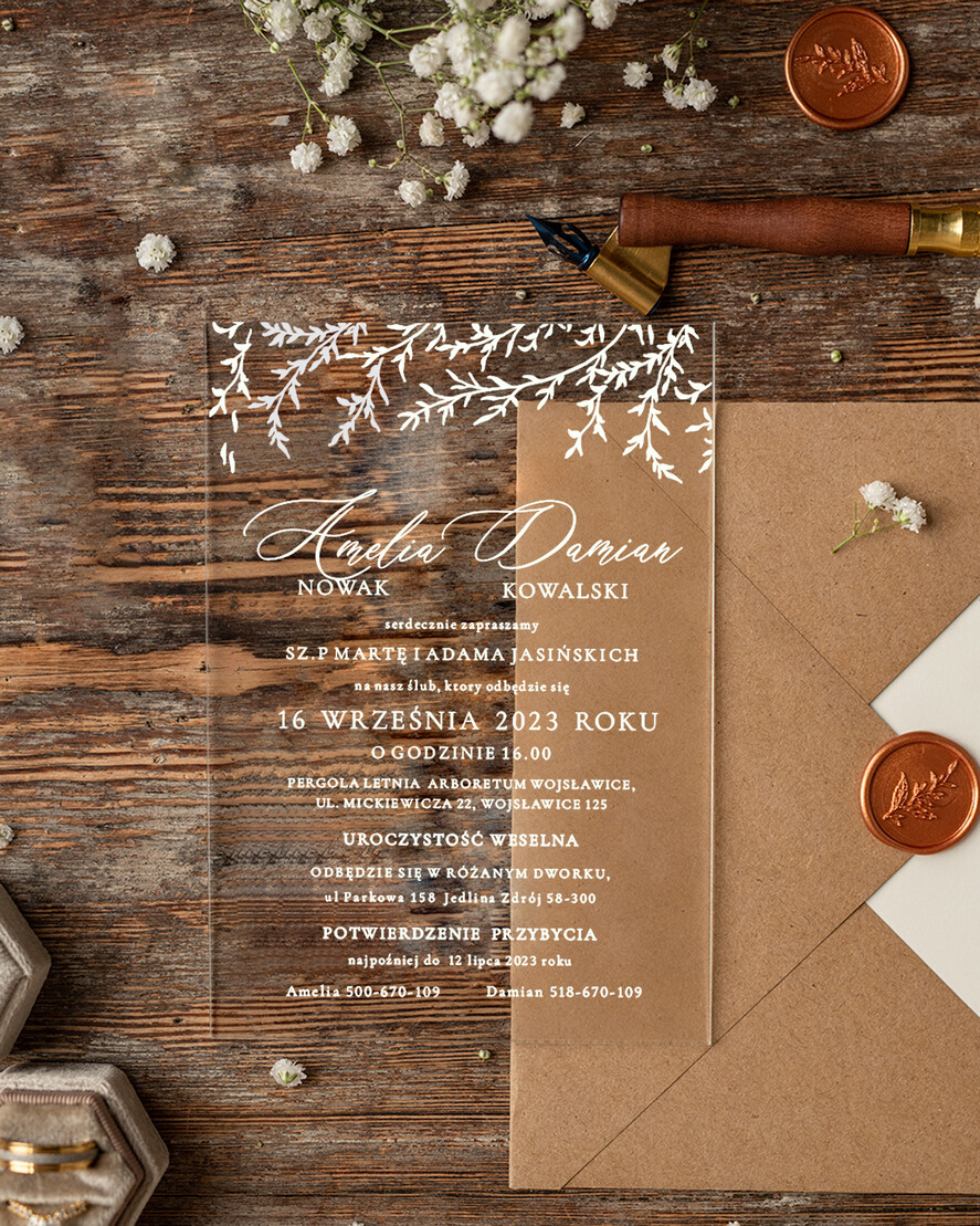 Zaproszenia ślubne Minimalistyczne Proste zaproszenia slubne rustykalne na pleksie, Boho zaproszenie ślubne z akrylu, zaproszenia ślubne kwiaty plexi 2