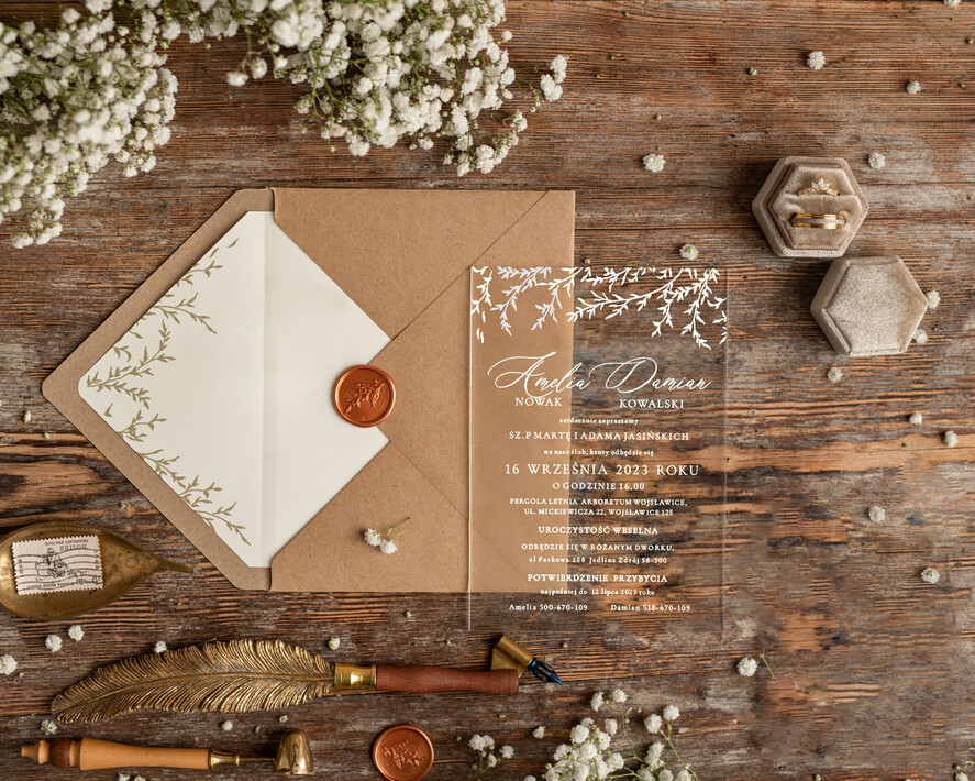 Zaproszenia ślubne Minimalistyczne Proste zaproszenia slubne rustykalne na pleksie, Boho zaproszenie ślubne z akrylu, zaproszenia ślubne kwiaty plexi 0