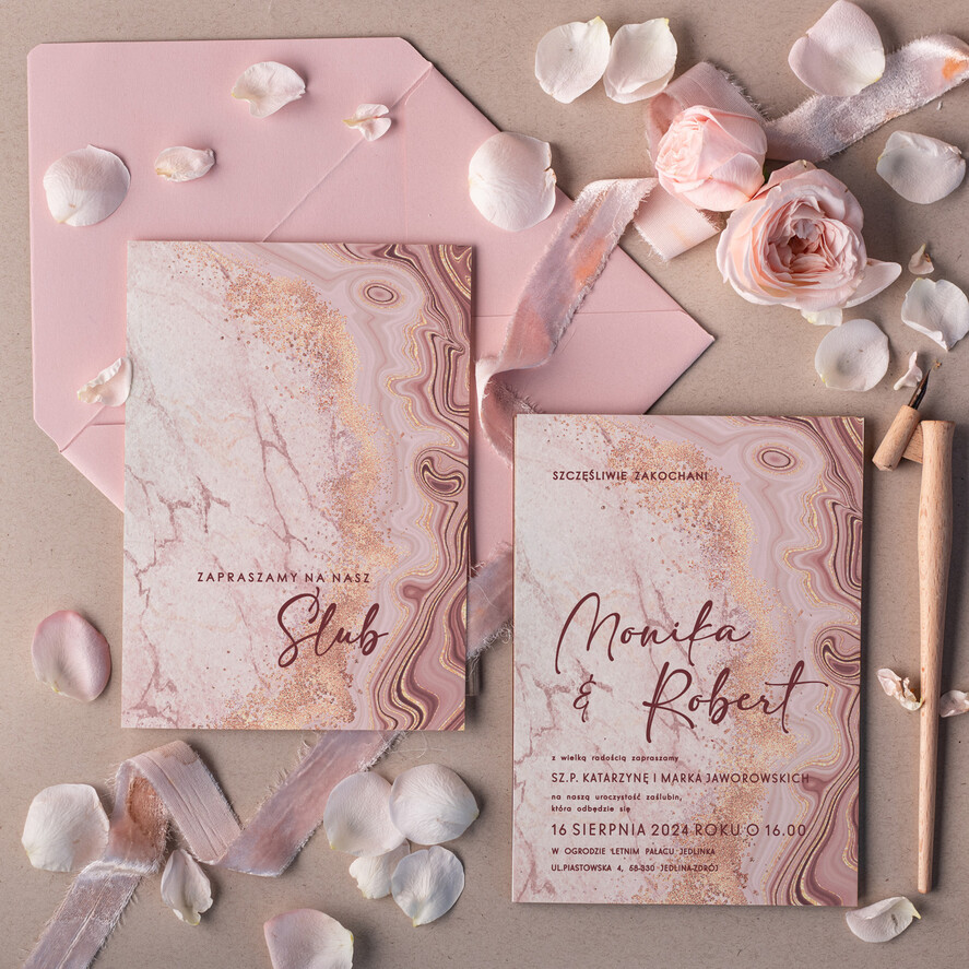 Zaproszenia ślubne Minimalistyczne delikatne zaproszenia ślubne marmur, zaproszenia na ślub boho, proste zaproszenia slubne marmurkowe różowe 1