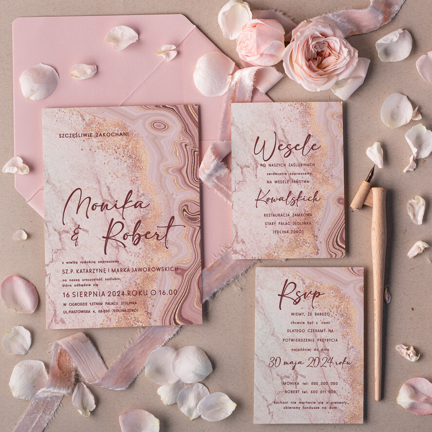 Zaproszenia ślubne Minimalistyczne delikatne zaproszenia ślubne marmur, zaproszenia na ślub boho, proste zaproszenia slubne marmurkowe różowe 2