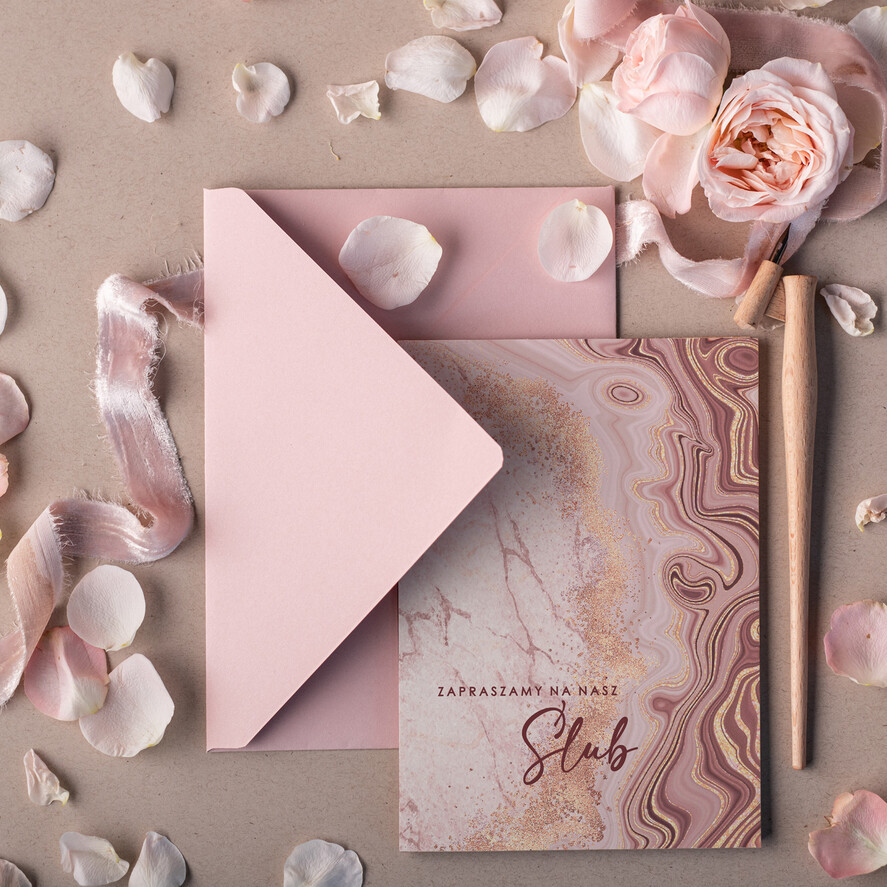 Zaproszenia ślubne Minimalistyczne delikatne zaproszenia ślubne marmur, zaproszenia na ślub boho, proste zaproszenia slubne marmurkowe różowe 3