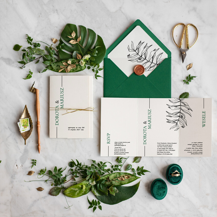 Zaproszenia ślubne Minimalistyczne modne zaproszenia ślubne, wyjątkowe wzory zaproszeń ślubnych, zielone zaproszenie ślubne 0